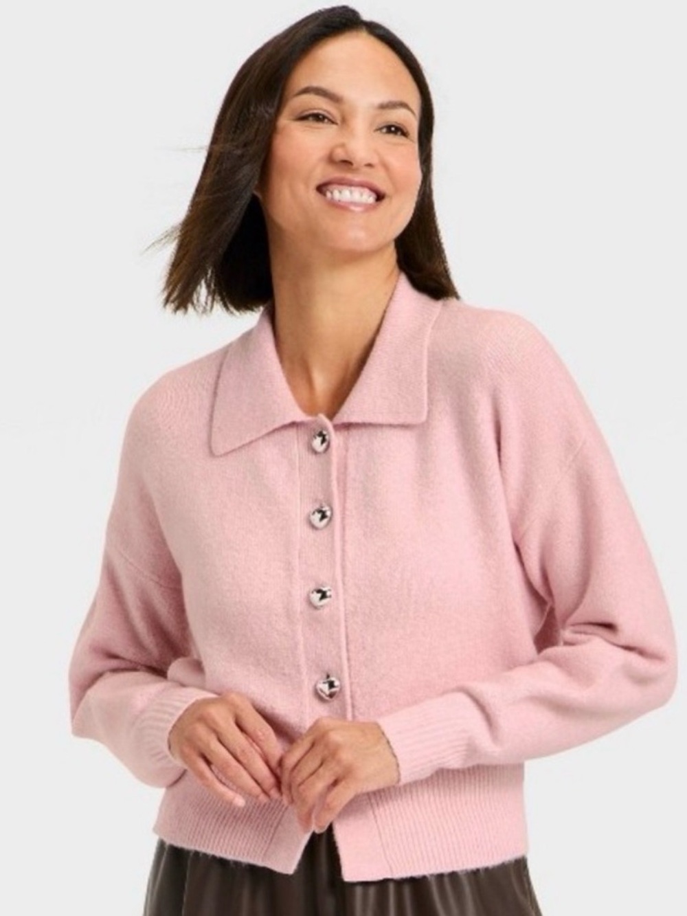 a new day Light Pink Collared Heart-Button Knit Cardigan